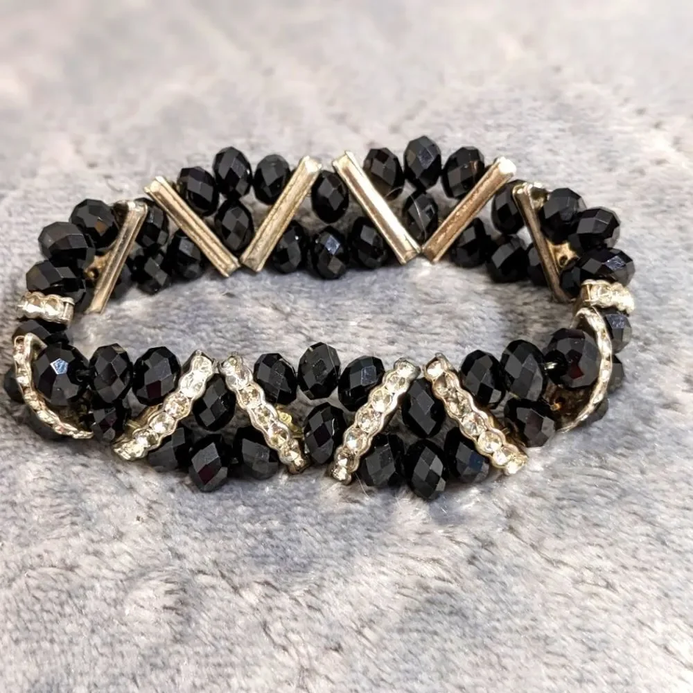 Vintage Black Crystal Bead Stretchy Bracelet with Rhinestone Accents